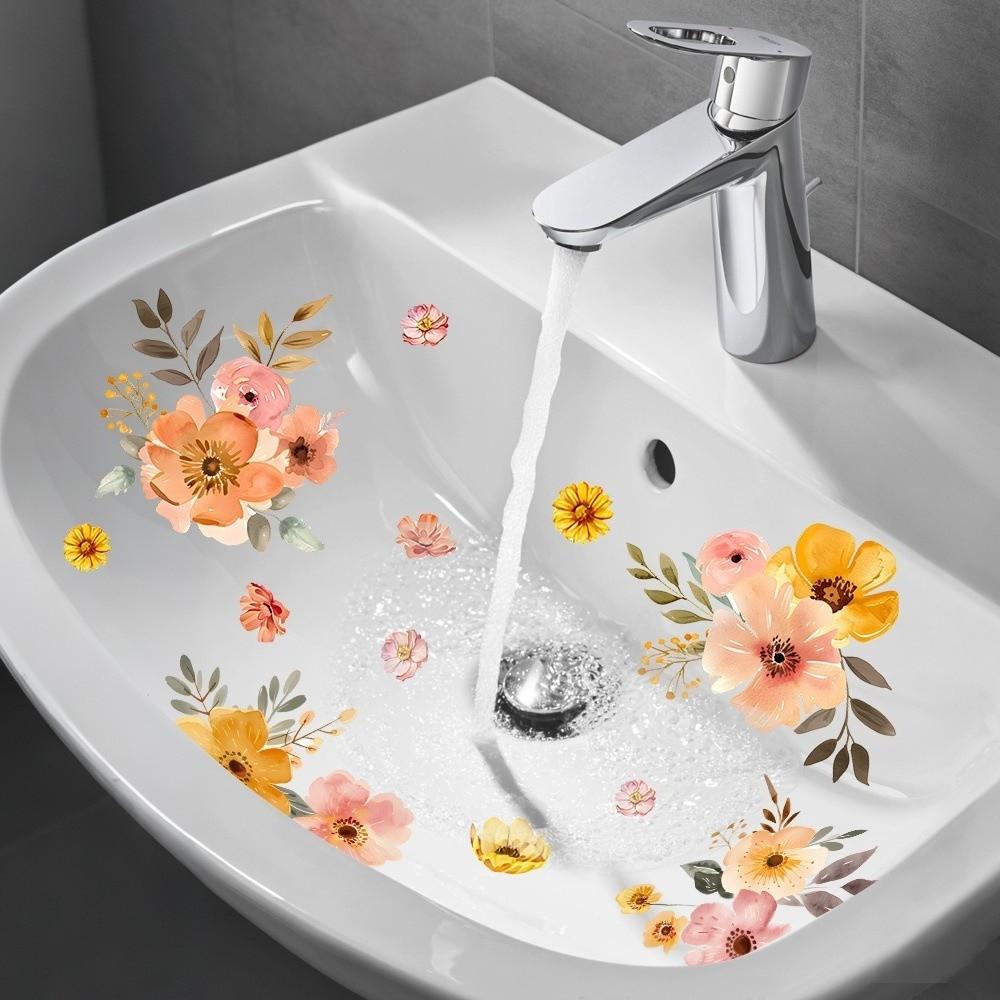 Self-Adhesive Bathroom Stickers Floral Design Ceramic Tile Stickers Flower Washbasin Sticker Wall