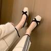 Shoes Leather Square Head Light Mouth Soft Bow Thick Heel Commuter Single Shoes Women's Spring