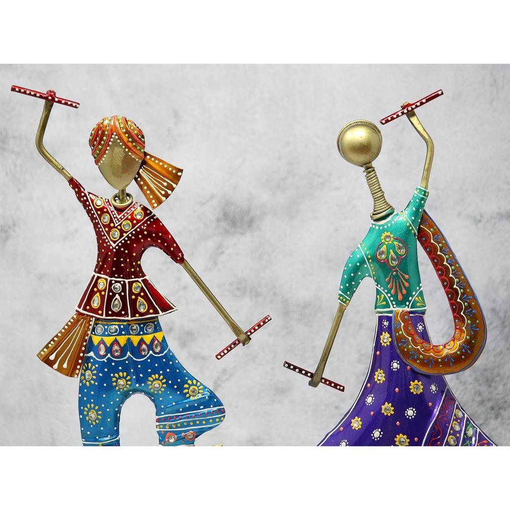 Handmade Handpainted Playing Dandia Couple Rajasthani Handicraft Wrought Iron Emboss Painted Decorative Showpiece Multicolor 12.5 Inch Height, Fantasy