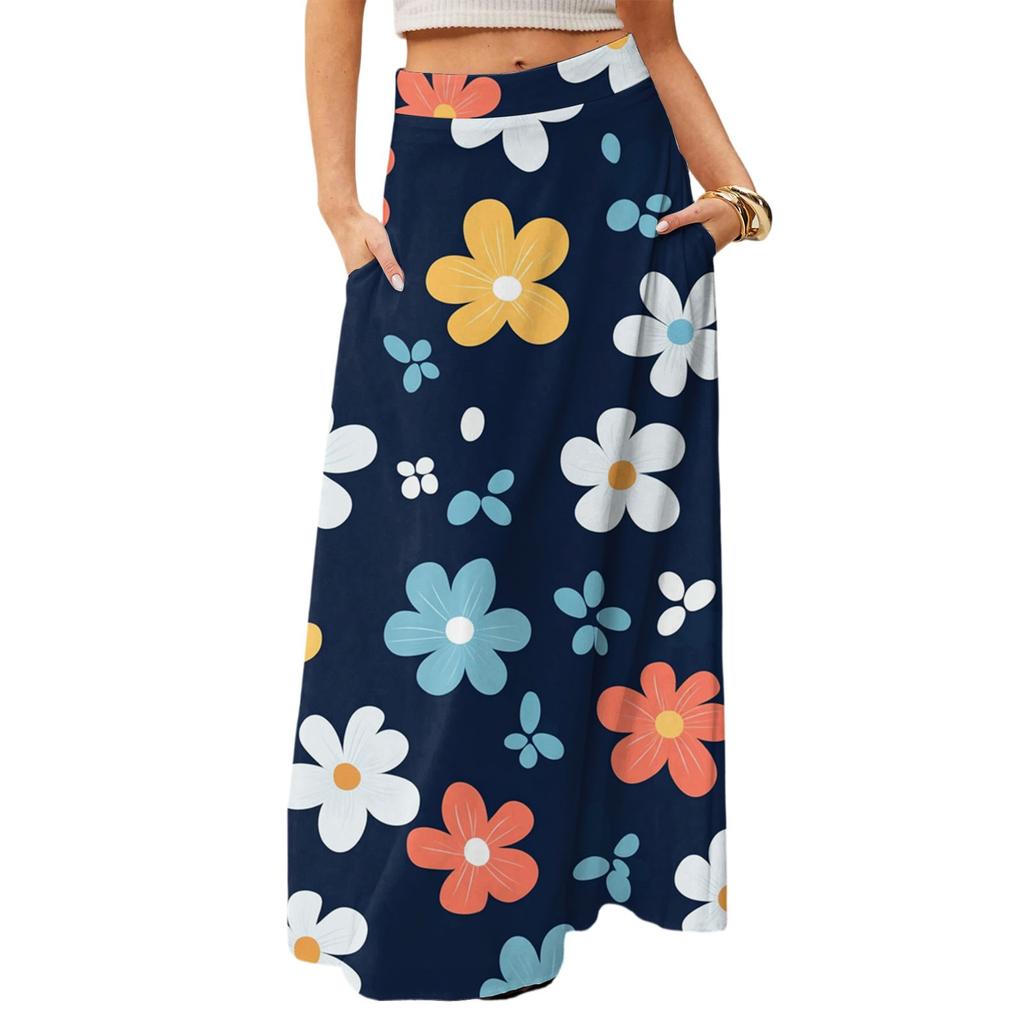 Женская повседневная складная юбка макси с цветочным принтом, высокой талией и карманом, с драпировкой