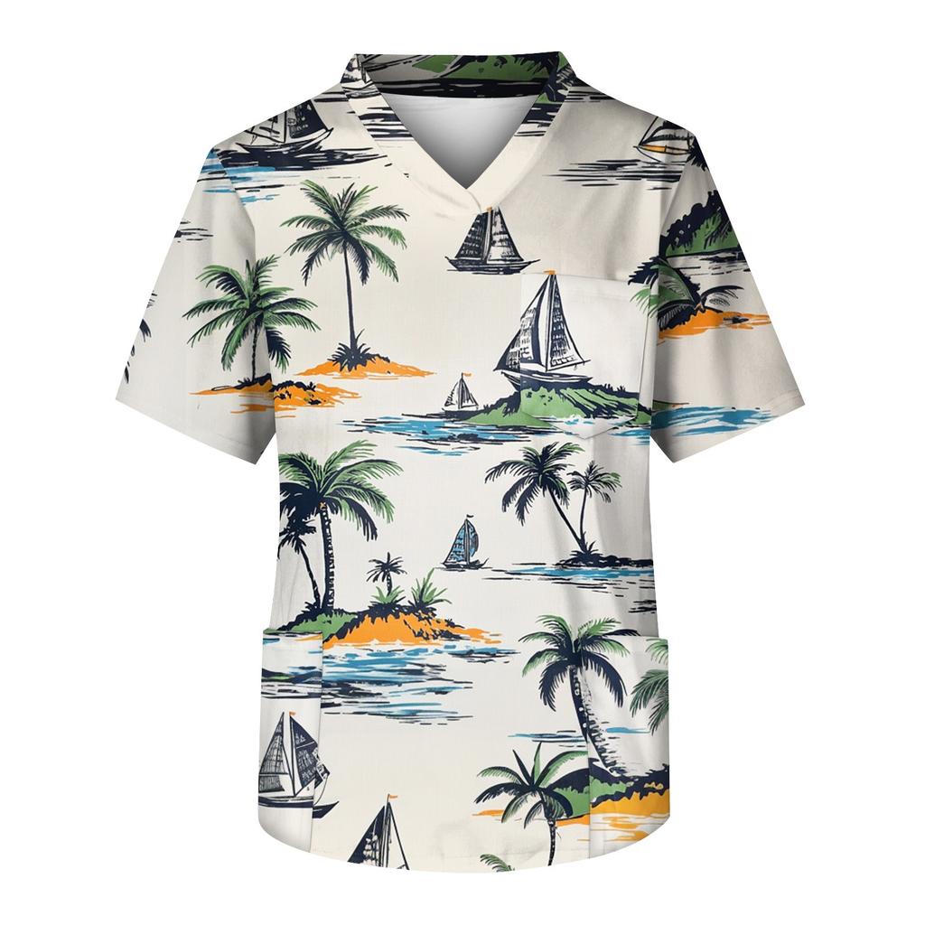 Men's Short Sleeve V-Neck  Print Chest Pocket Care Top
