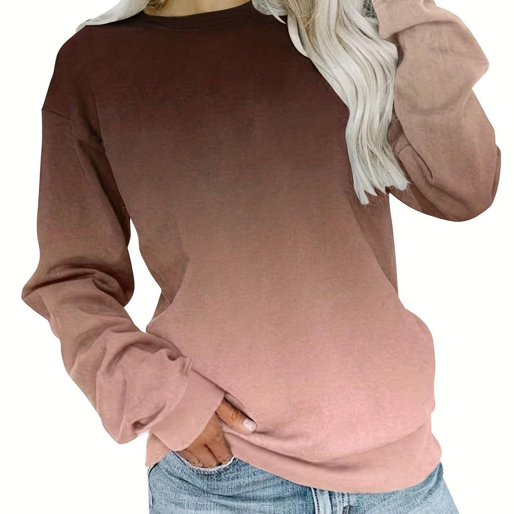 Футболка большого размера, женская, с градиентным принтом, длинным рукавом, круглым вырезом, средней эластичности