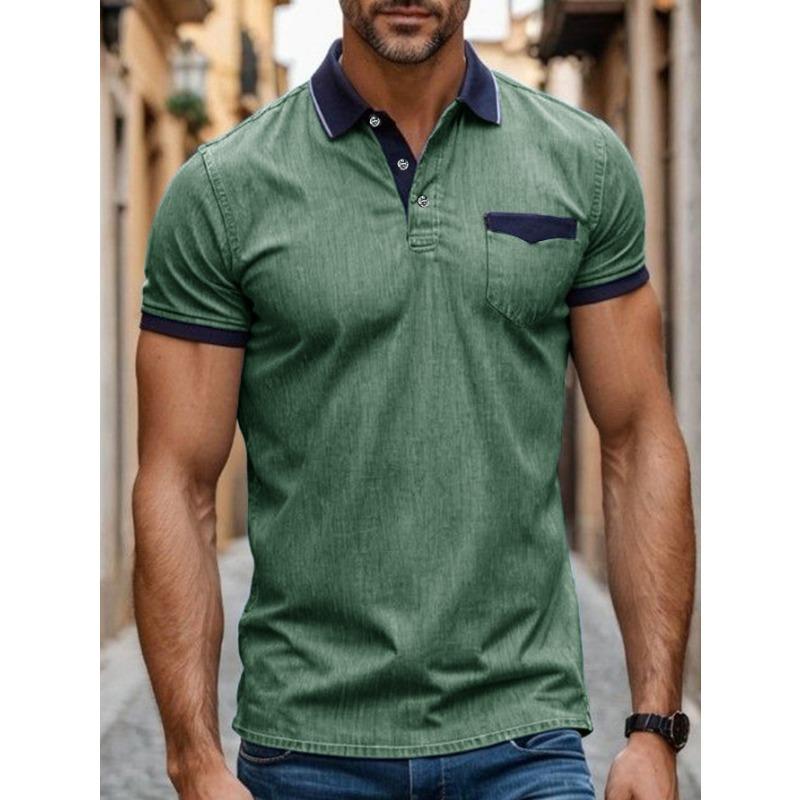 Летняя Винтажная Поло Повседневная Модная Короткая Рукав Футболка Мужская Пэчворк Деним Футболка Пуловер Топ Мужчины