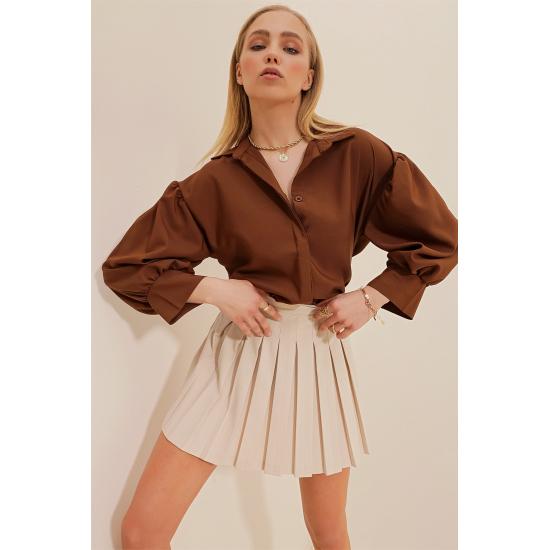 Women's Brown Concealed Pleat Balloon Sleeve Basic Poplin Shirt