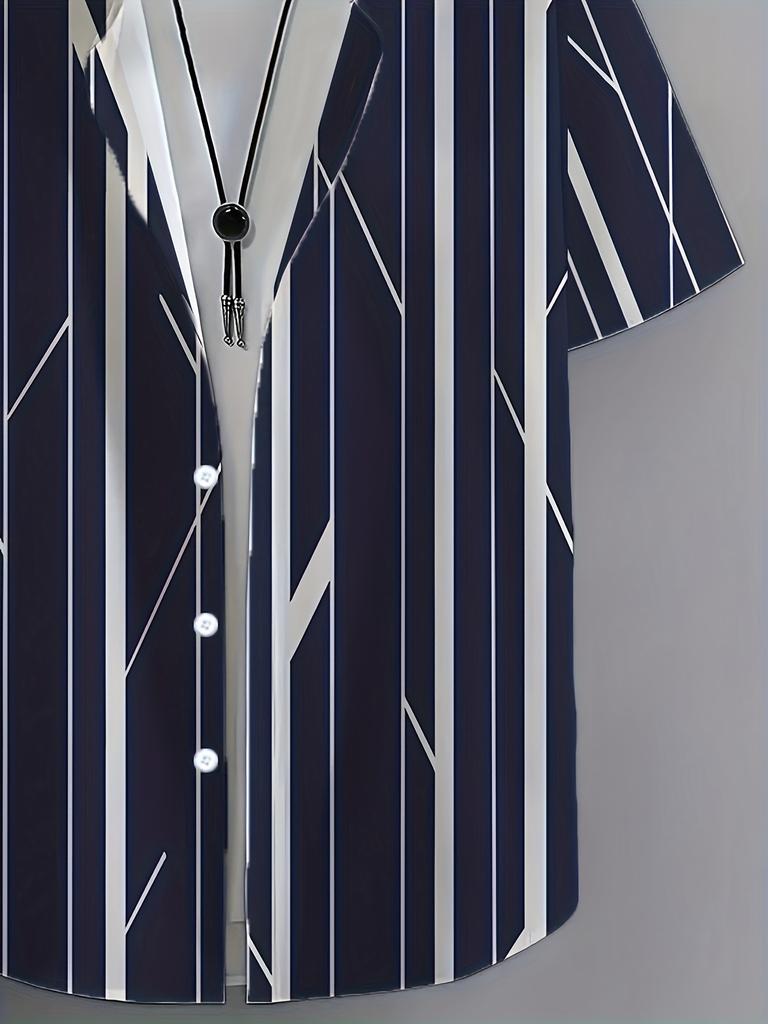 Men's Fashion Digital Print Shirt, Striped Pattern Design, Casual, Turn- Collar, Button-Up, Short Sleeve Shirt