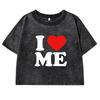 I Love You Red Heart Printing Retro Tee Shirt Women Washed Short Sleeve Cotton Street Clothing All-Match T Shirts