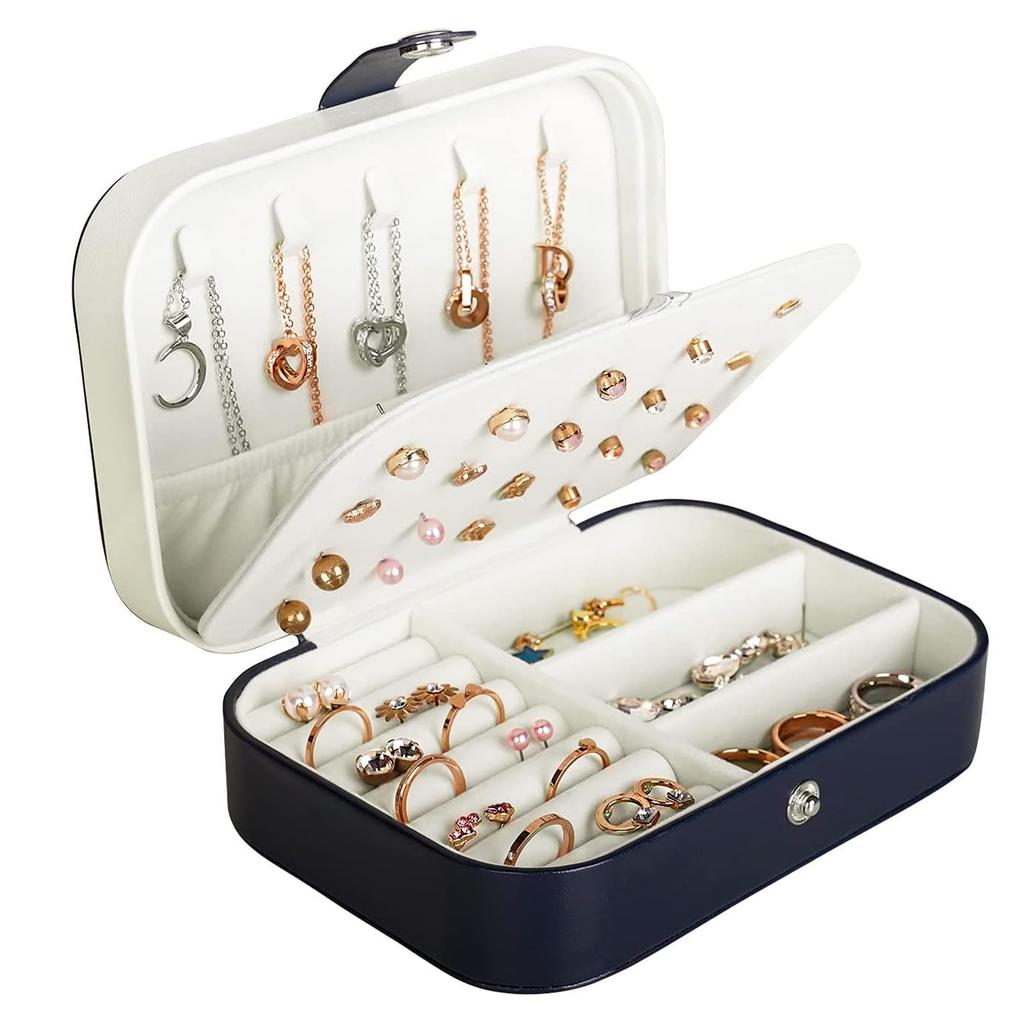 Hatori Travel Jewelry Box, PU Leather Small Jewelry Organizer for Women Girls, Double Layer Portable Mini Travel Case Display Storage Holder Boxes