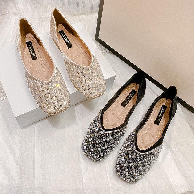 Новые женские туфли на плоской подошве весна-лето женские дизайнерские туфли с круглым носком мерцающие кристаллы повседневные туфли модные мокасины без застежек 33-43