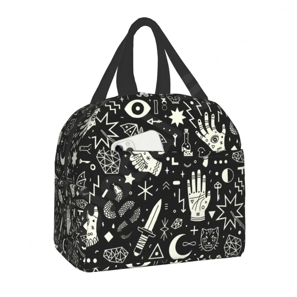 Узорная изолированная сумка для обеда для школы, офиса, Хэллоуина, черепа кошки, герметичный охладитель, термобокс для бенто для женщин и детей