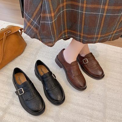 Кожаные туфли с бахромой в стиле ретро-средневековья с круглым носком, с мелким вырезом, лоферы на одной педали, британские одинарные туфли в стиле колледжа, кожаные туфли, осень