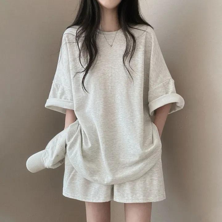 Хлопковые Женские Однотонные Костюмы с Шортами Корейский Летний Повседневный Комплект из 2 Предметов: Футболка с Круглым Вырезом и Шорты Спортивные Костюмы 2024
