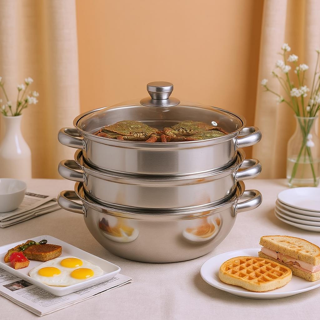 28cm Three-Layer Stainless Steel Soup Steamer | 410 Stainless Steel, Silver, with Transparent Lid, 32.5 * 25cm/12.8 * 9.84in