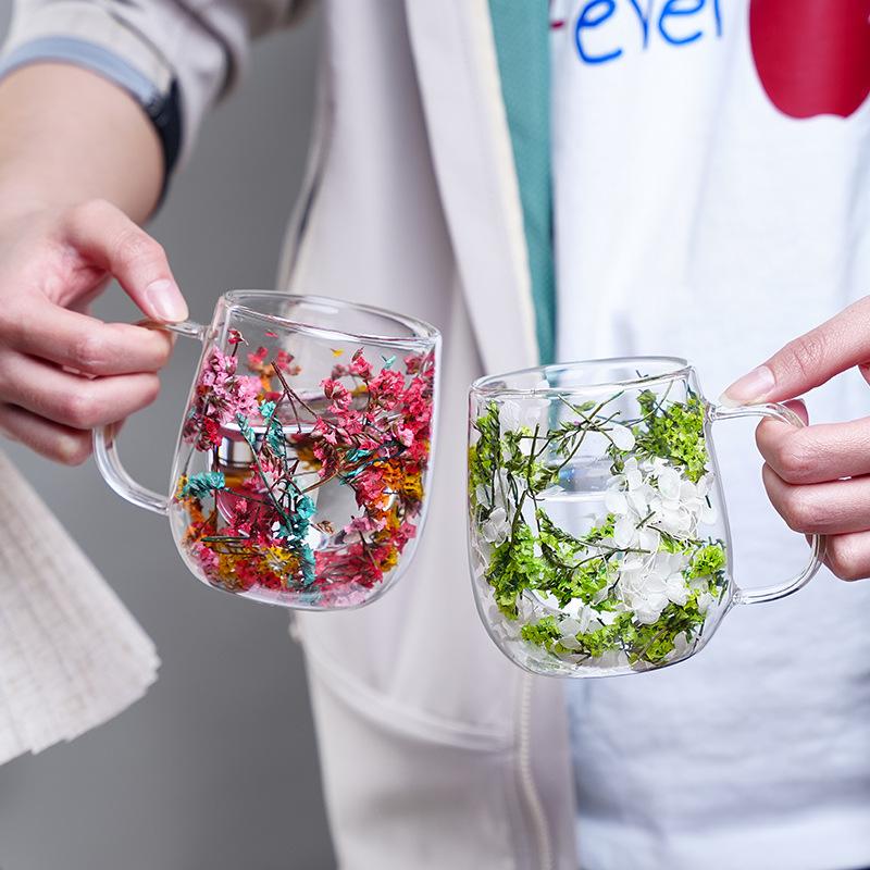 Flower-Infused Glass Mug - Decorative Dried Flower Clear Coffee/Tea Cup (Multi-Color Options)