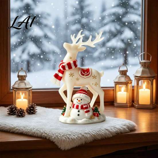 Christmas Table Figurine, White Snowman Resin Decorations Reindeer Deer Statue with Red Scarf, Cute