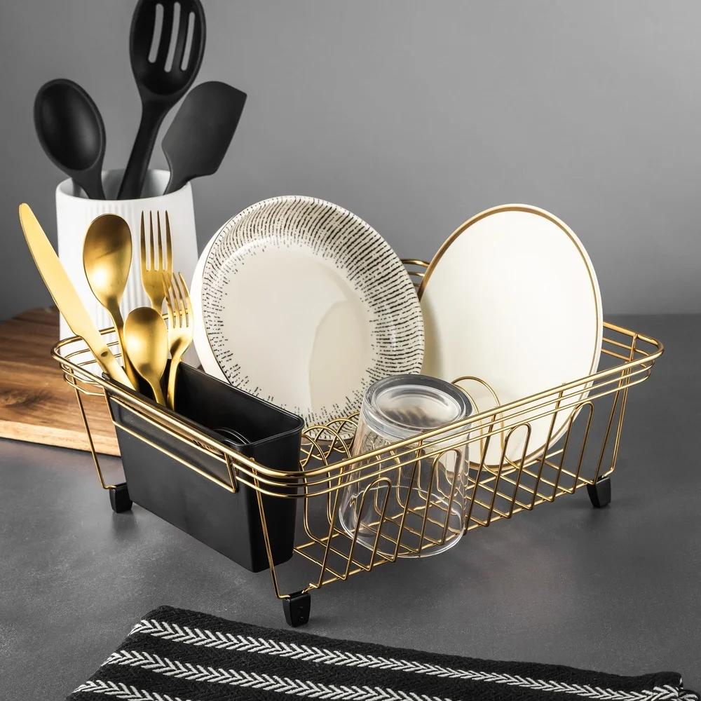 Золотая сушилка для посуды из нержавеющей стали с подставкой для столовых приборов Современное решение для хранения на кухне Сушка тарелок и мисок