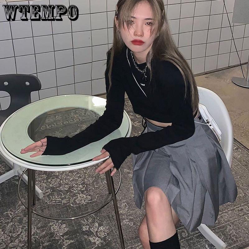 Футболки с длинным рукавом, женские укороченные топы с повязками, Harajuku Ulzzang, уличные весенние повседневные тонкие рубашки для девочек