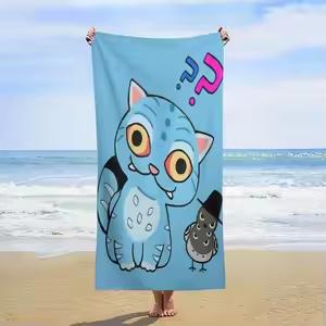 Cute Blue Cartoon Cat Beach Towel 150x75cm Microfiber Quick Dry Flat Print Large Bath Towel for Kids Boys Girls Pool Party