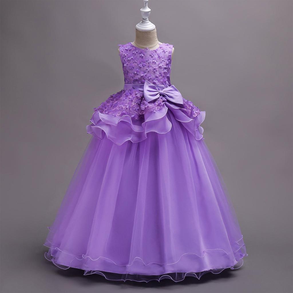 CUHK Girls' Dress Princess Dress Solid Color Flower Long Floor-length Evening Gown Puffy Princess Dress