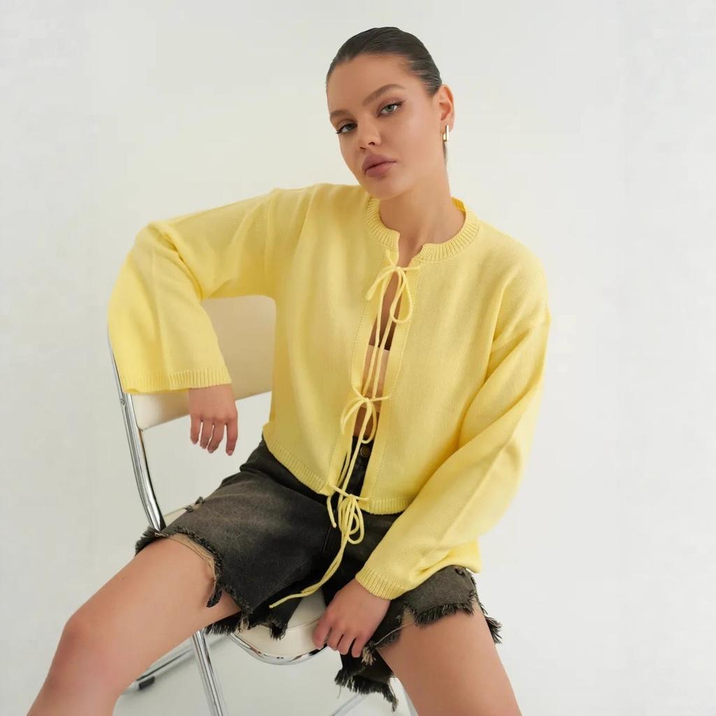 Женский кардиган с завязкой спереди и бантом, вязаный пуловер с длинным рукавом, верхняя одежда, пальто на шнуровке, с круглым вырезом, вязаные крючком кардиганы для женщин, осенний наряд, куртка-свитер