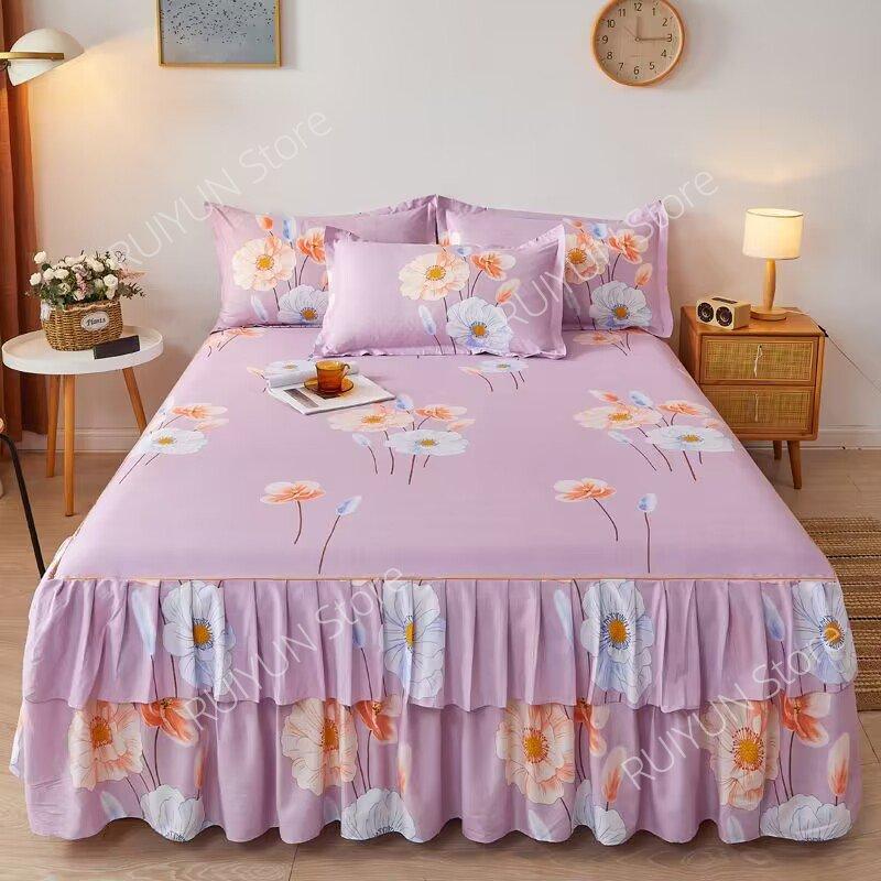 New Princess Printed Double Layers Bed Skirt Non-slip Mattress Cover Home Bedroom Soft Bedspread Bed Skirt Bedsheet Bed Cover