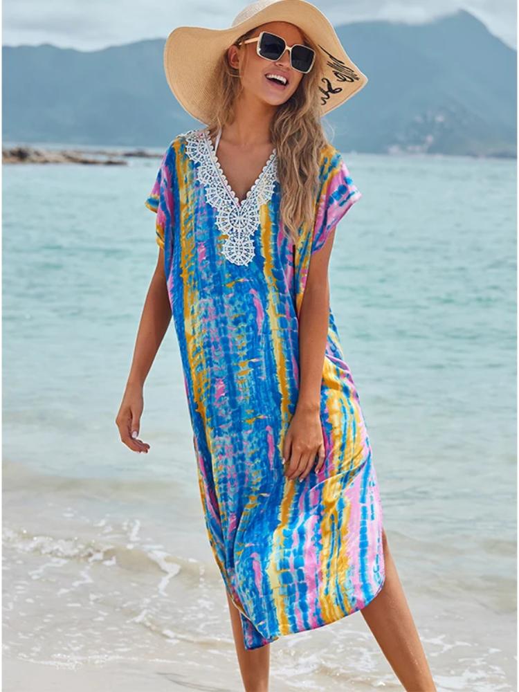 EDOLYNSA Beach Cover Up Tunics For Beach Print Chiffon Long Kaftan Bikini Cover Up Robe De Plage Sarong Beach Wrap Swimsuit CoverupQ1124