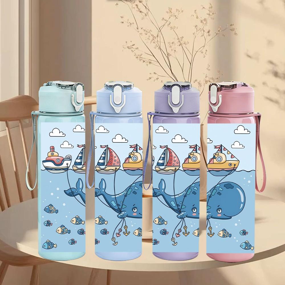 1PC Whale Ocean Cartoon Animal Print 750ml Color Plastic Sports Water Bottle Leakproof Flip Straw Lid Suitable for Sports Office Home Use