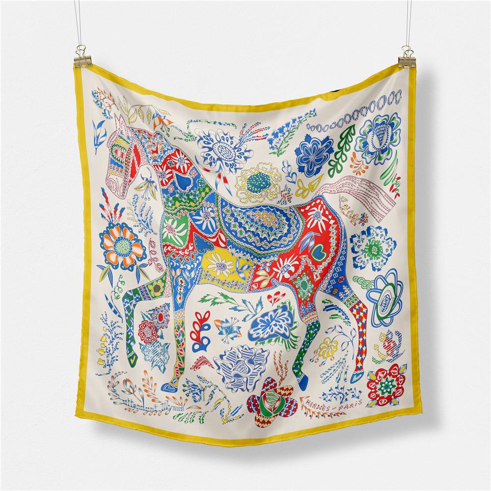 Twill Silk Scarf Woman Giraffe Painting Square Scarves Wraps Bandana Small Hijab Silk Foulards Tie Headband Neckerchief 53CM