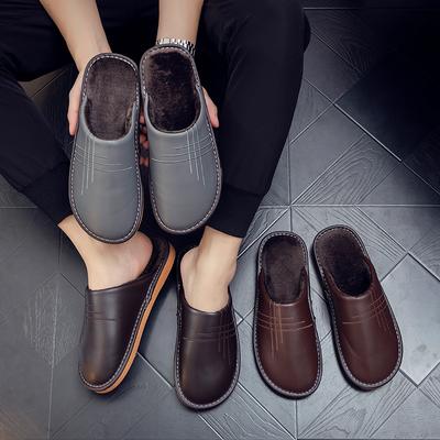 Модные кожаные домашние тапочки 2024 года для мужчин, плюс бархатные теплые домашние тапочки унисекс, удобные, с мягкой подошвой, водонепроницаемые, легко моющиеся, мужские тапочки