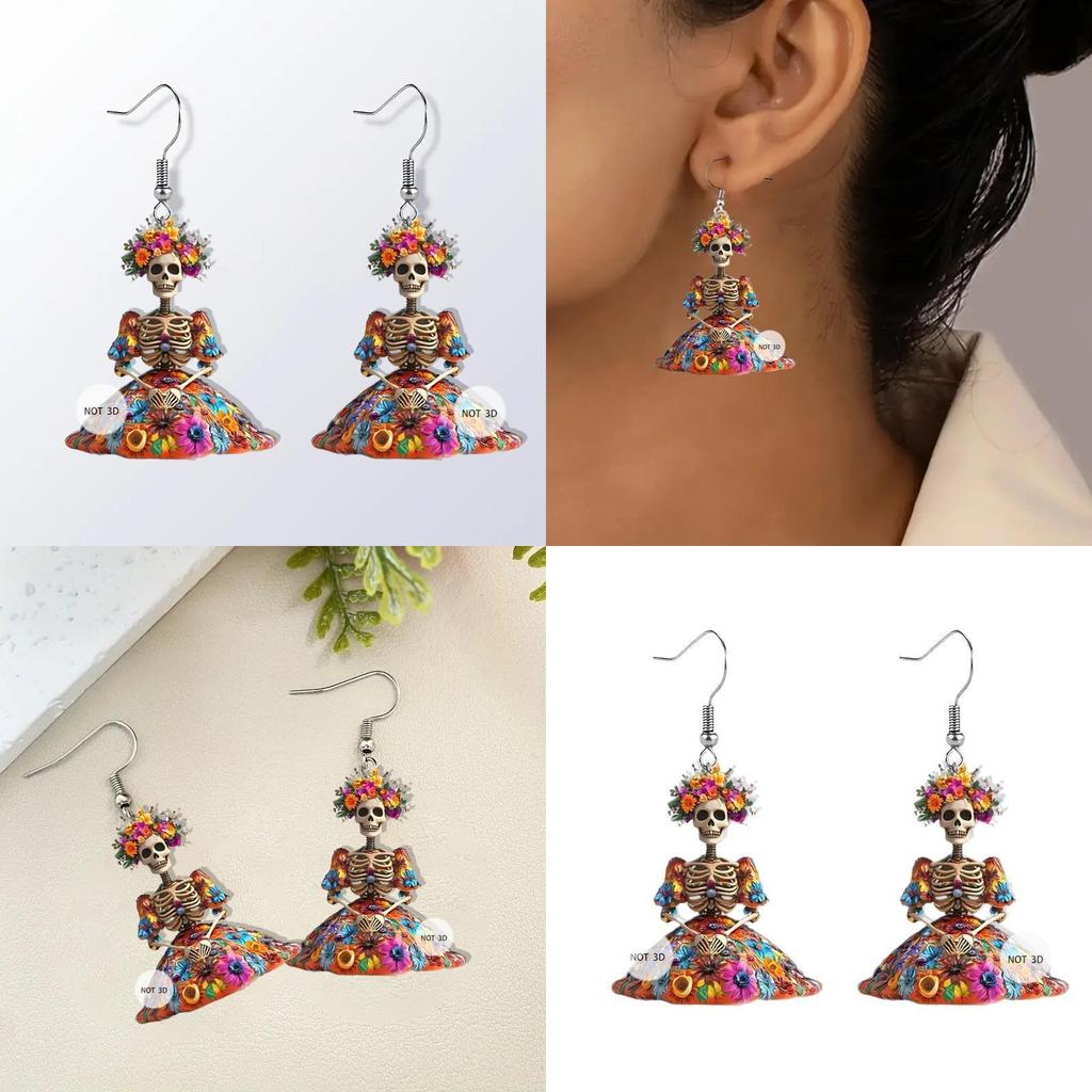 And Halloween Flower Skull Pattern Women Earrings For Festival Celebration
