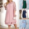 Women Fall Spring Dress See-through Mesh Round Neck Plus Size Patchwork Loose Leaf Applique Half Sleeve Elegant Prom Party Midi Dress