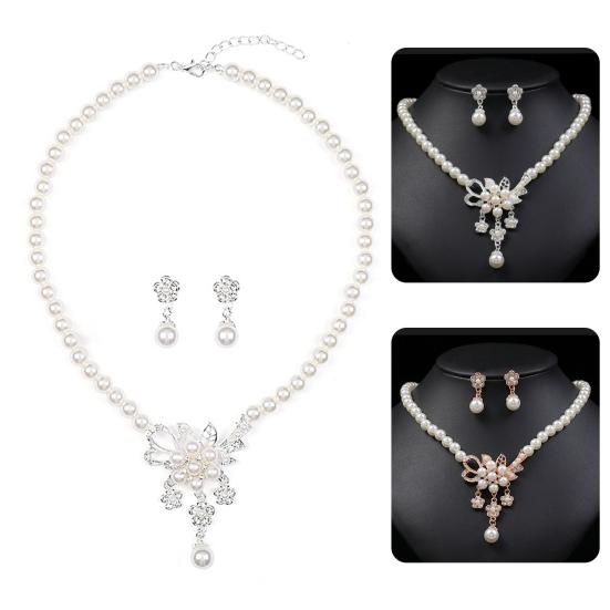 1 комплект, женское ожерелье из бисера, глянцевый искусственный жемчуг, горный хрусталь, ожерелье невесты с цветком, комплект серег-гвоздиков, свадебные украшения