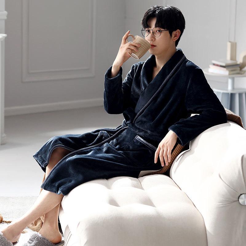 Мужская зимняя ночная рубашка из кораллового флиса, теплая флисовая утолщенная фланелевая роба средней длины, мужская зимняя пижама, халат