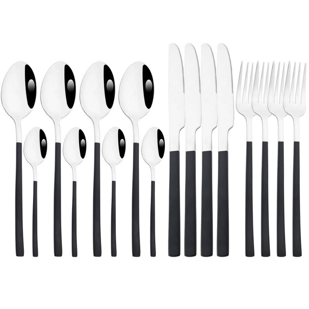 Jankng 16 шт. черные столовые приборы с золотой строчкой, набор посуды из нержавеющей стали, кухонный домашний набор столовых приборов в западном стиле, нож, вилка, ложки, набор посуды
