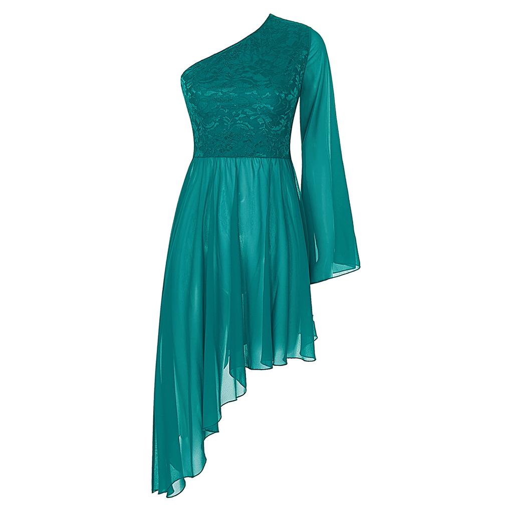 Женская туника для выступлений Worship с цветочным кружевным пэчворком, на одно плечо, с расклешенным рукавом, асимметричным подолом, танцевальное платье