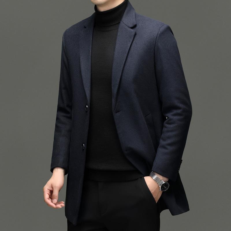 Осенне-зимнее мужское шерстяное пальто в стиле business casual, однотонное, средней и большой длины, с воротником-стойкой, двустороннее