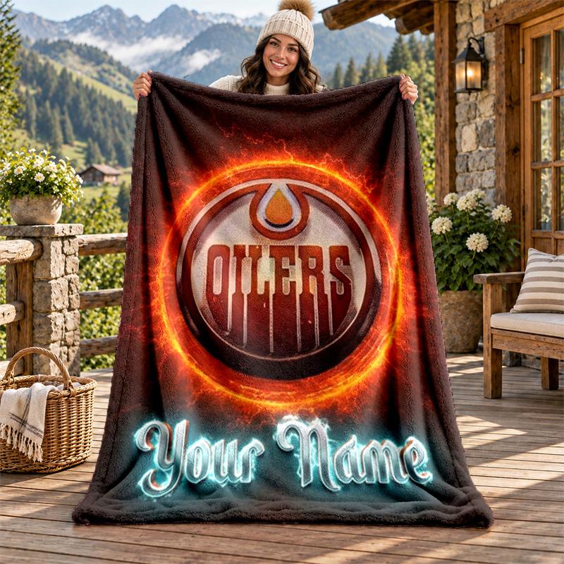 Edmonton Oilers Custom Name Flannel Blanket Personalized Soft Warm Plush Throw Blanket Customized Gift for Family Friends