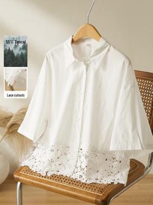 Женская летняя блузка из тенсела: Уникальный подол, Вышивка, Дизайн с коротким рукавом