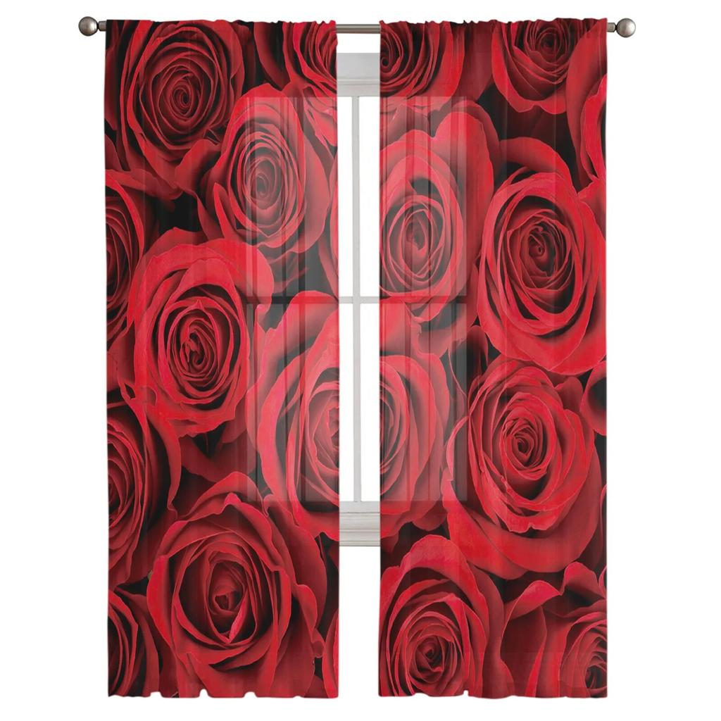 Red Rose Flower Tulle Curtains for Living Room Bedroom Modern Voile Curtain Kitchen Chiffon Sheer Curtains