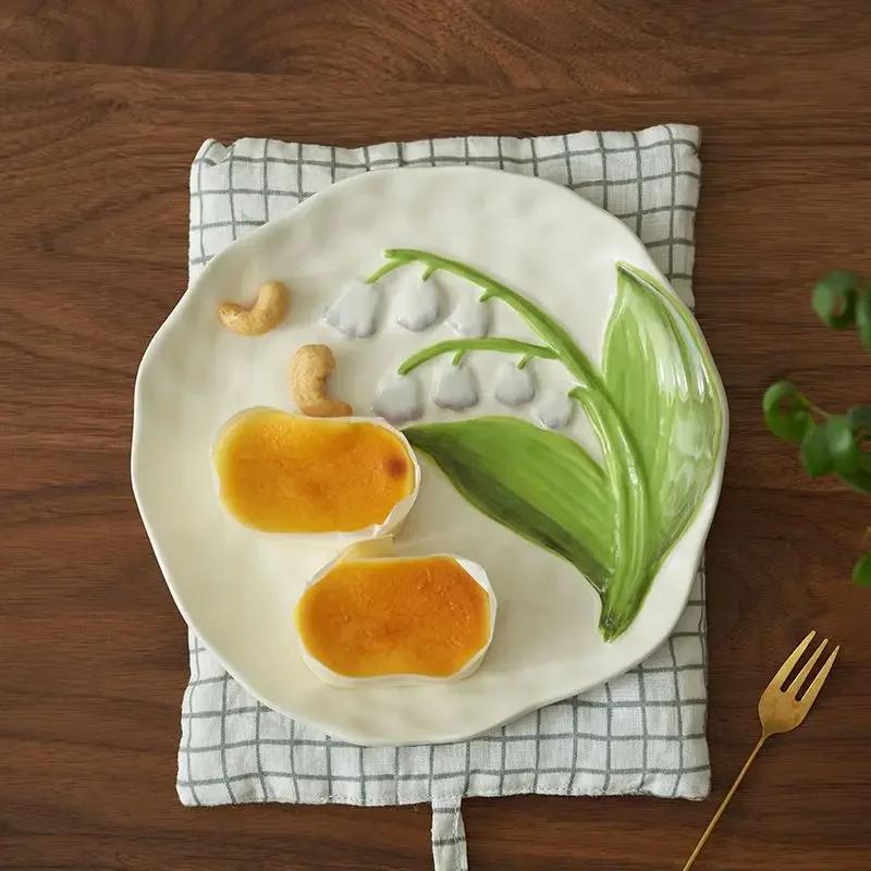 Тарелка «Ландыш и Маргаритка», ресторанная керамическая церемониальная тарелка для торта и десерта, домашняя высококлассная декоративная посуда для кухни