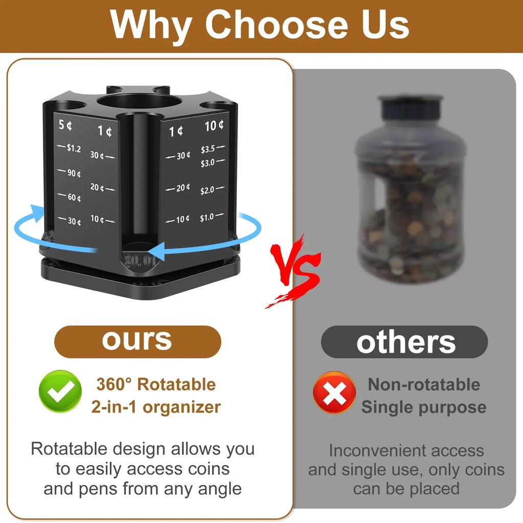 Coin Sorter and Pen Holder 360° Rotatable Coin Holder Sorter Large Capacity Coin Holder Portable Piggy Bank and Pen Holder NEW