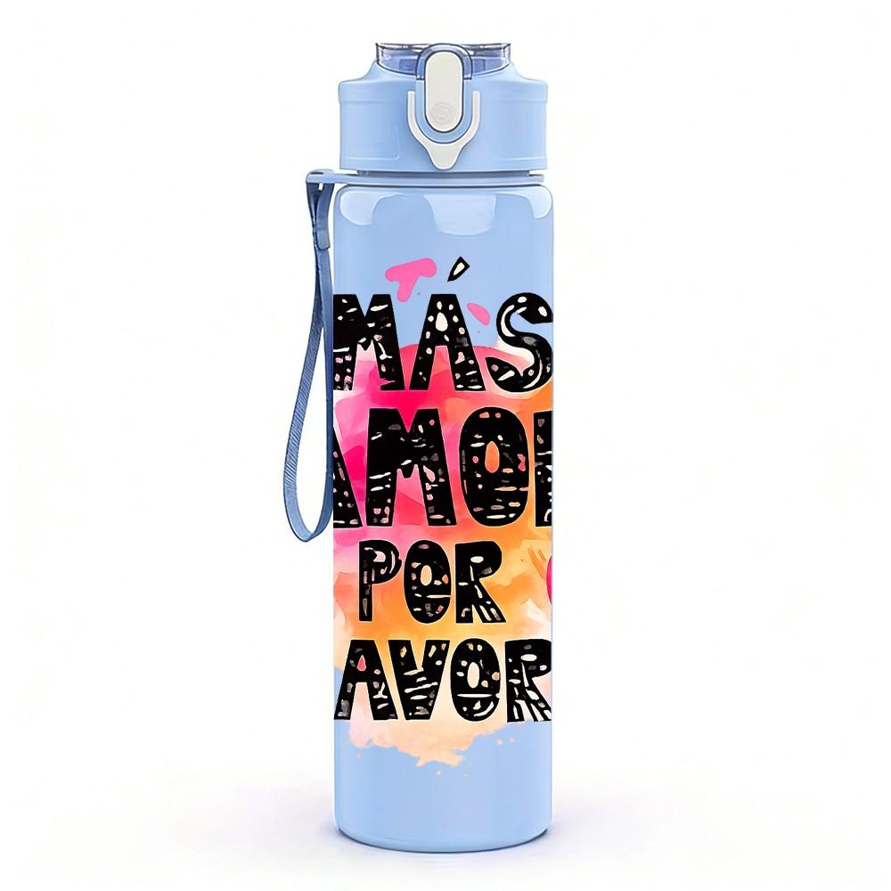 1PC Has Amor Por Favor Spanish Heart Print 750ml Color Plastic Sports Water Bottle Leakproof Flip Straw Lid Suitable for Sports Office Home Use
