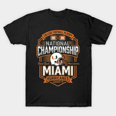 Мужская черная футболка с принтом Miami Hurricanes Cfp National Championship 2026 Термотрансферный принт без вырезки Хлопковая футболка