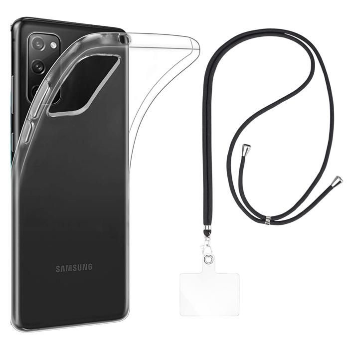 Coque et tour de cou pour Samsung Galaxy S20 FE - TPU Souple Transparent Cordon Noir réglable Phonillico®