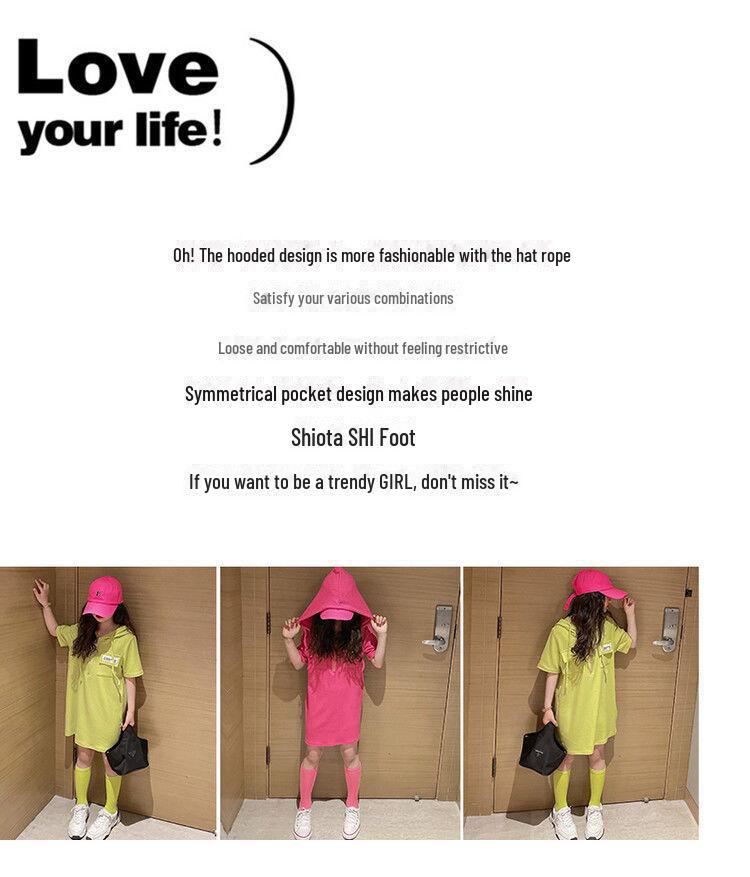 Платье принцессы в корейском стиле с капюшоном для девочек - с короткими рукавами, летний стиль футболки для детей