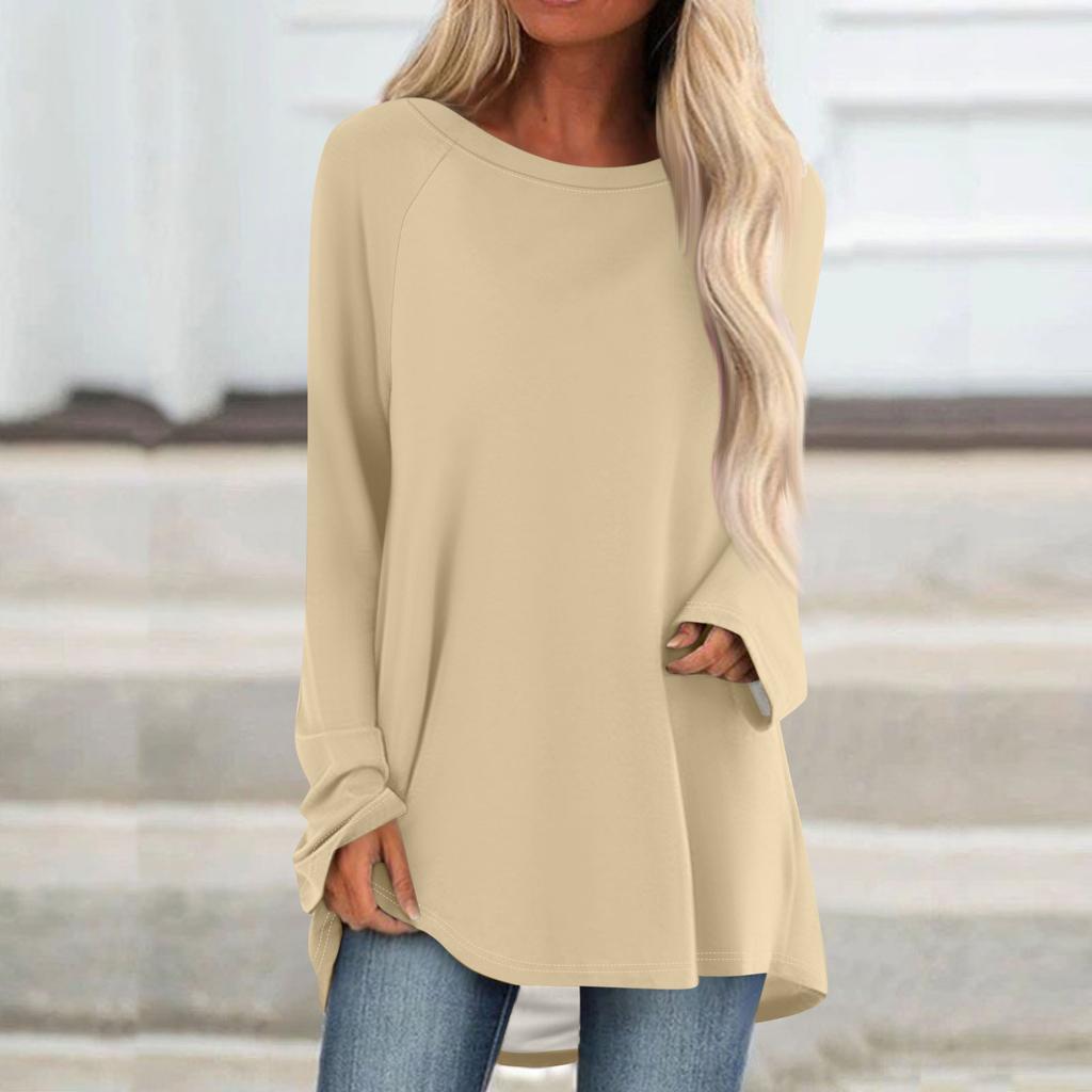 Women's Fashionable Loose Mid-length Round Neck Pullover Solid Color Raglan Sleeves Long-sleeved Casual Top