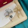 [Diy Accessories] Copper-Plated Gold-Plated Micro-Inlaid Zircon Ginkgo Biloba Brooch Women'S Pin 9-10Mm Pearl Corsage Empty Holder