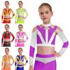 Girls Gymnastics Acrobatics Dance Top Long Sleeve Shiny Rhinestone Color Block Design Cross Back Cutout Crop Top