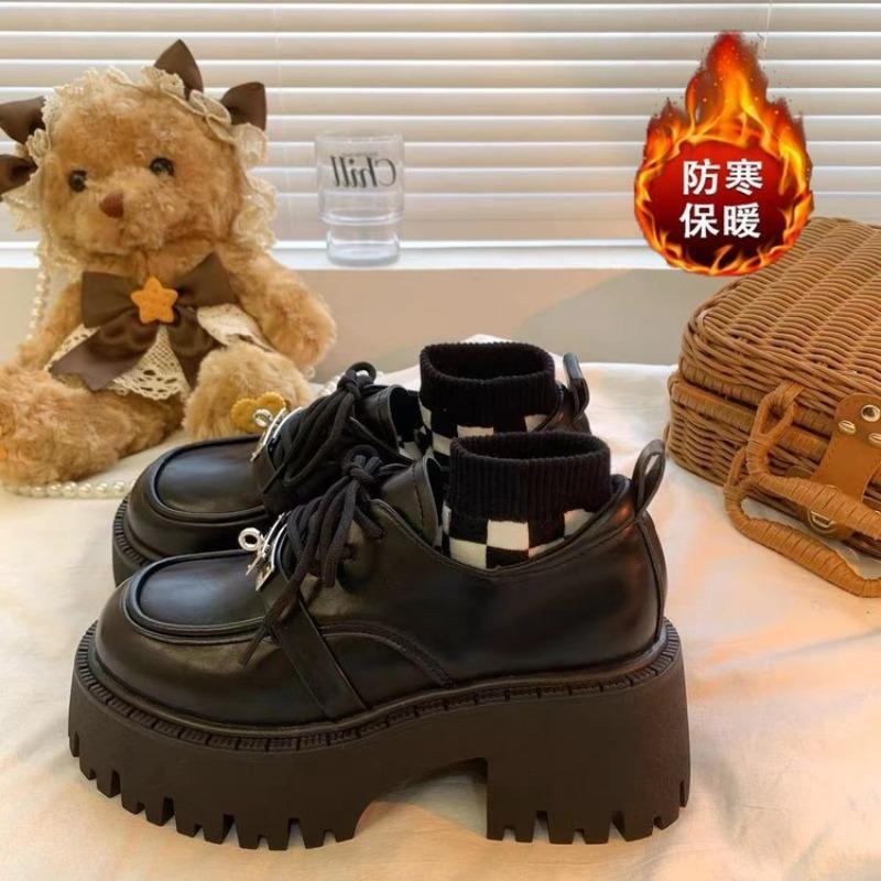 Осенние туфли на платформе из маленькой кожи, женские новые, на толстом каблуке, увеличивающие рост, черные, на шнуровке, хлопковые туфли