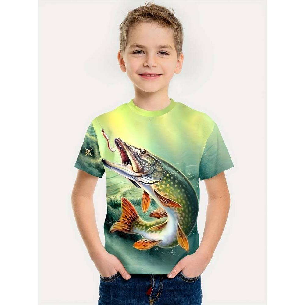 Boys' short-sleeved T-shirt with a round neck and a 3D summer fish print