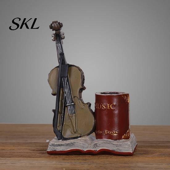 Retro Desk Decor Vintage Saxophone & Violin Pen Holder, Resin Musical Instrument Organizer, Weighted Artistic Organizer Base Pencil Stand for